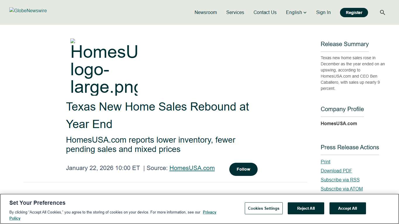 Texas New Home Sales Rebound at Year End